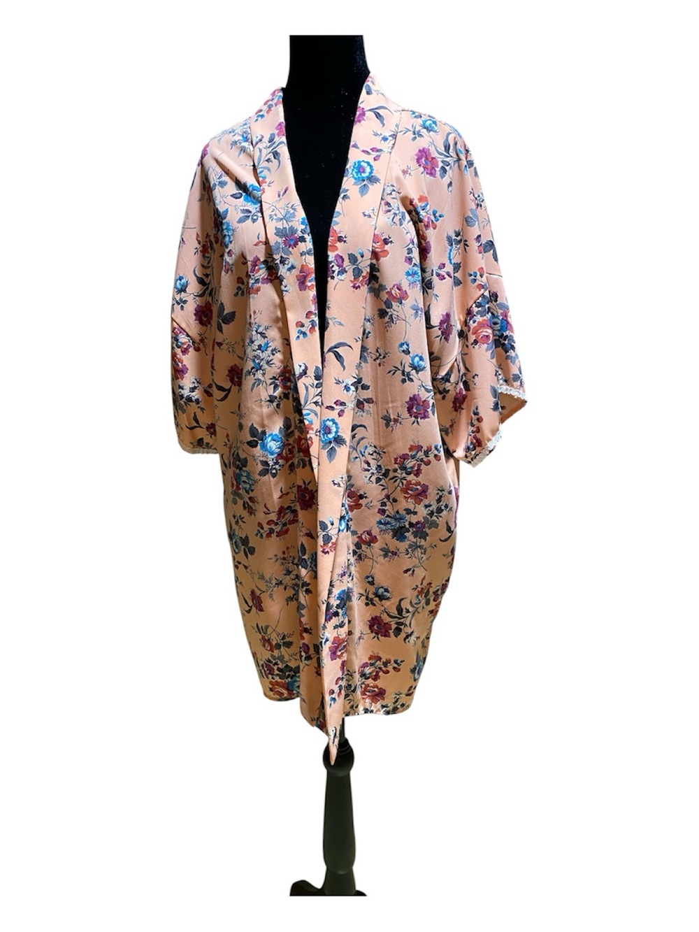 Honey Punch Peach Satin Floral Kimono Robe with Blue & Purple Accents